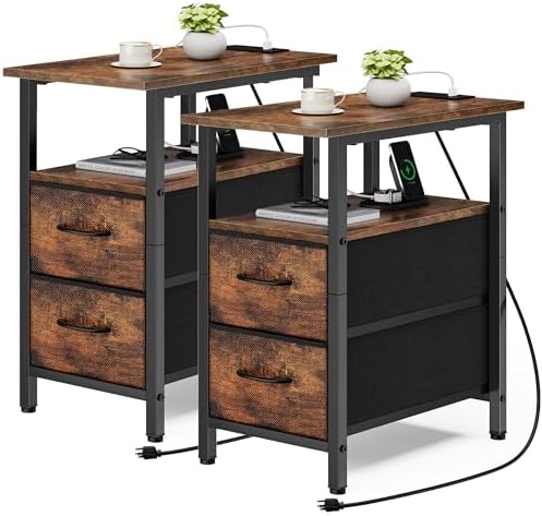 Vagusicc End Table with Charging Station Set of 2, Narrow Side Table, 23.8'' Tall Nightstand with 2 Drawers, Small Sofa Side Table Narrow Nightstand for Small Spaces Furniture, Bedroom, Rustic Brown