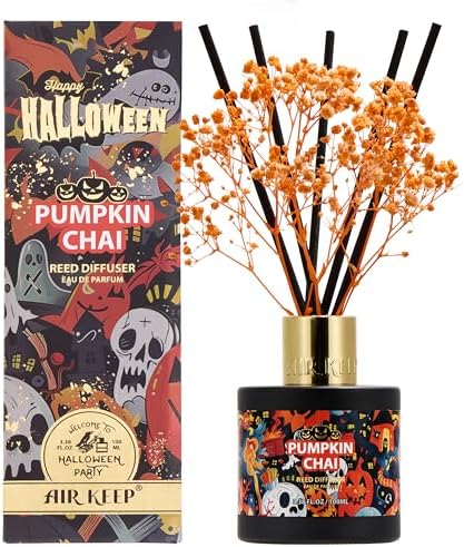 Airkeep Halloween Reed Diffuser Set,3.38 fl oz (100 ml) - Pumpkin Chai Oil Diffusers with 8 Reed Sticks, Home Fragrance Reed Diffuser for Bathroom Shelf Decor