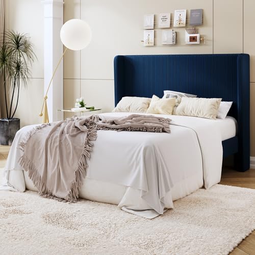 SHA CERLIN Queen Corduroy Platform Bed with Tufted Wingback Headboard, Blue
