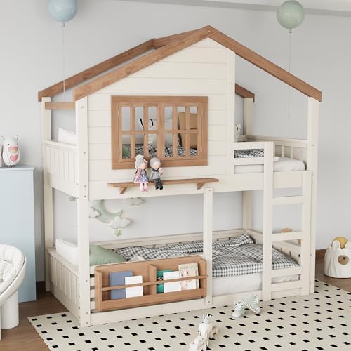 Twin Over Twin Size House Bunk Bed with Storage Bookshelf, Beige