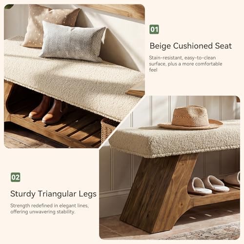 Tribesigns 55" Solid Wood Bench with Cushion, Upholstered Entryway Bench