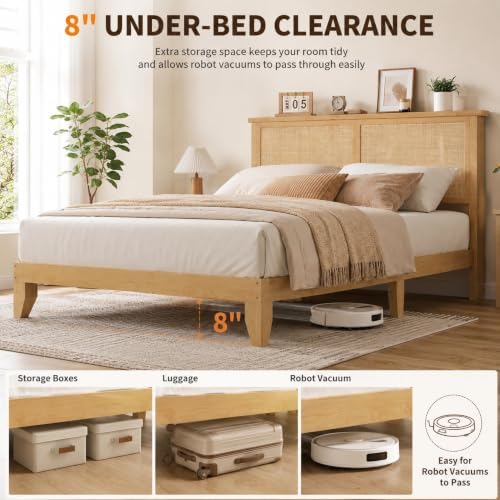 Jojoka Farmhouse Rattan Bed Frame with Natural Headboard & RGB LED Lights - Sturdy Wood Platform, Silent Slats, Generous Underbed Storage, No Box Spring Needed, Bedroom Furniture (New Structure)