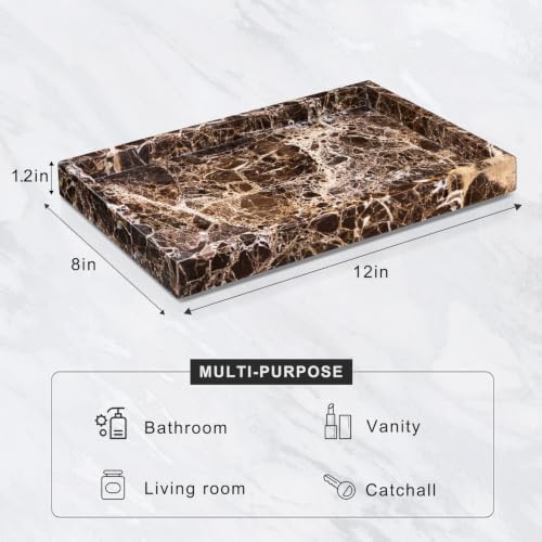 Marble Bathroom Tray for Countertop & Home Decor, Natural Decorative Marble Tray for Jewelry & Perfume Organizer, Luxury Stone Vanity Trays for Dresser, Kitchen Counter, 12" x 8", Brown