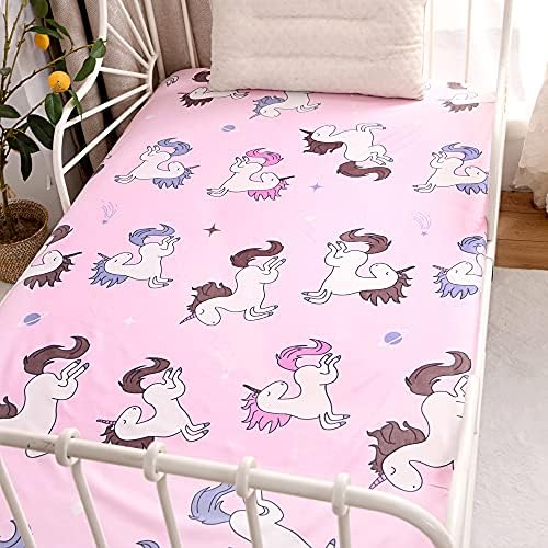 Bedding Fitted Sheet with Deep Pocket,Animals Printed Thicken Soft Fabric Bed Sheets (Pink(Unicorn), Twin)