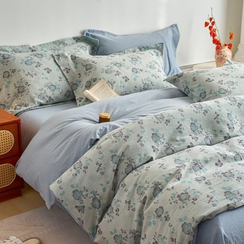 HighBuy Blue Muslin Duvet Cover Set King Chic Muslin Cotton Textured Floral Bedding Set,Vintage Gauze Super Soft Comforter Cover,Comfortable Chic Lightweight - 1 Duvet Cover with 2 Pillowcase