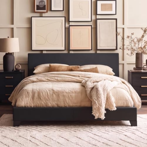 Allewie Queen Size Faux Leather Bed Frame, Adjustable Headboard, Black