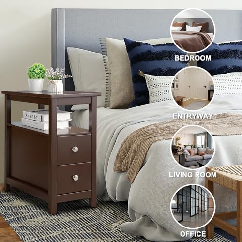 SUPER DEAL End Table Set of 2, Slim Side Table with 2 Drawers and Storage Shelf, 3 Tier Sofa Couch Table for Living Room Bedroom Apartment Small Spaces, Espresso