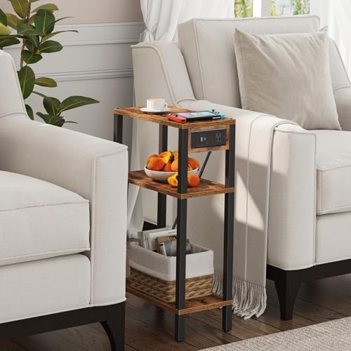 TUTOTAK Narrow Side Table, 3-Tier Small End Table with Charging Station
