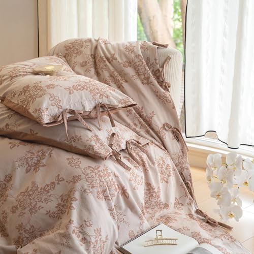 Monet Flower Duvet Cover King 3 Pieces Retro Jacquard Floral Bedding Set,Linen Cotton Yarn-Dyed Textured Comforter Cover with Bowknot-104 x90,Pumpkin