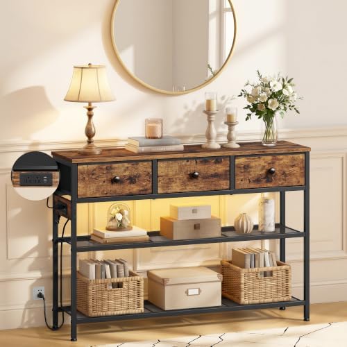 SONGMICS Console Table with Power Outlets and LED Lights, 3 Fabric Drawers