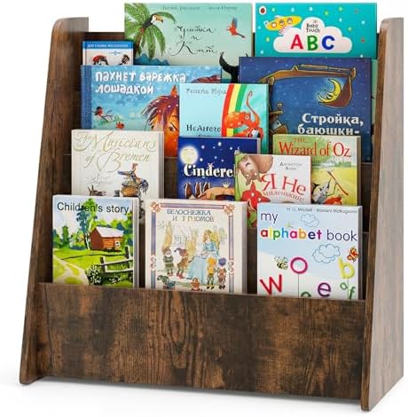 Costzon 5-Tier Kids Bookshelf, Wooden Children Bookcase, Toddler Book Rack, Magazine Storage & Display Shelf, Book Shelf for Kids Room, Living Room, Nursery, Classroom (Brown, 4 Tier)