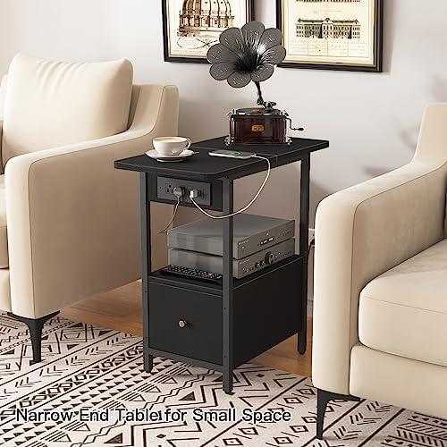 LIDYUK End Table with Charging Station, Narrow Side Table with Drawer
