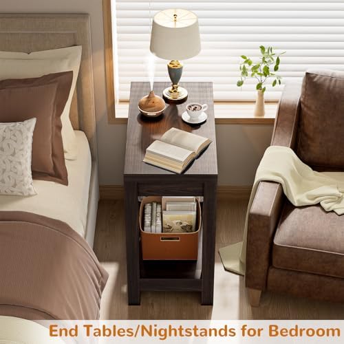 Besiost Farmhouse End Table, Narrow Side Table, Slim End Table with Storage Shelf, Small Console Table for Small Spaces, Nightstand Sofa Table for Living Room, Bedroom, 24" Black Walnut