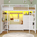 DICTAC Twin Loft Bed with 6 Storage Drawers,Coat Rack and Open Shelves Metal Twin Size Loft Bed with Desk,Charging Station and LED Light,loft beds with Large Pegboard,Stairs and Safety Guardrail,White
