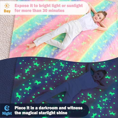 Softan Kids Unicorns Throw Blanket Glow in The Dark, Kids Blanket Gifts for Girls & Boys, Soft Cozy Flannel Luminous Unicorns Blanket for Sofa Couch Bed, Christmas Birthday Gift, 50x60IN