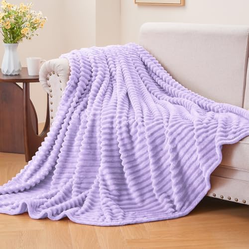 BEDELITE 3D Ribbed Pastel Lilac Fleece Twin Blanket for Couch, 60x80 Inch
