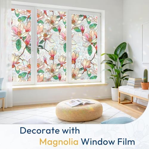 rabbitgoo Stained Glass Window Privacy Film, Magnolia, 23.6" x 118.1"