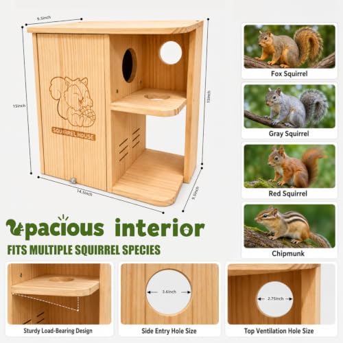Large Squirrel Nesting Box Outdoor – Solid Pine Wood Squirrel House