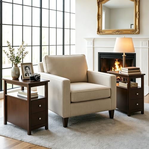 SUPER DEAL End Table Set of 2, Slim Side Table with 2 Drawers and Storage Shelf, 3 Tier Sofa Couch Table for Living Room Bedroom Apartment Small Spaces, Espresso