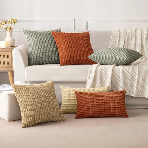 MIULEE Lumbar Corduroy Decorative Throw Pillow Covers 12x20 Light Olive