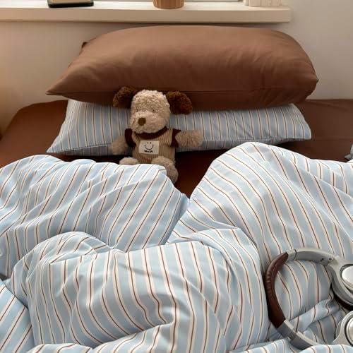 mixinni Vintage Striped Queen Duvet Cover Set, Washed Microfiber Coastal Bedding, Light Blue Brown Vertical Stripe Comforter Cover with Zipper & Corner Ties, (1 Duvet Cover + 2 Pillowcases)