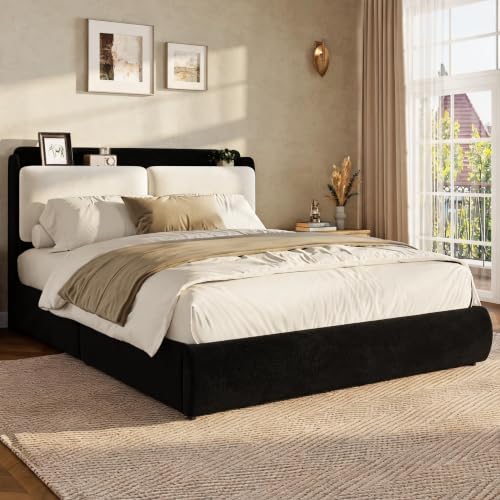 Garvee Queen Upholstered Bed Frame with Shelf & Drawers - Black & Beige