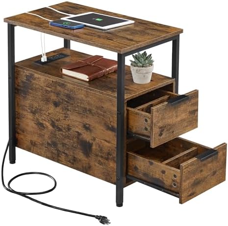 VASAGLE Side End Table with Charging Station, Slim Nightstand with Storage