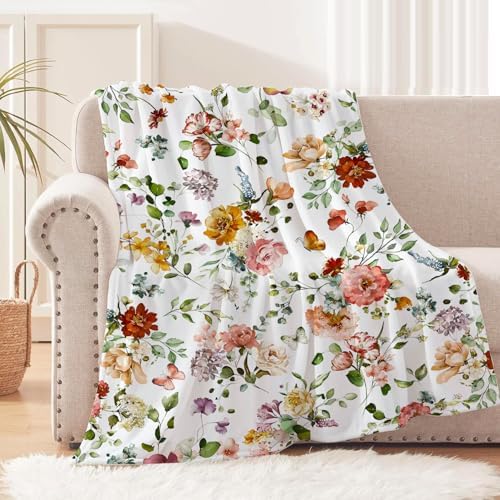 Watercolor Flowers Throw Blanket Botanical Floral Throw Blanket Ultra Soft Flannel Fleece Bed Blanket Cozy Fuzzy Plush Couch Cover Lightweight Wildflowers Plants Blanket for Sofa Bed 50" X 60"