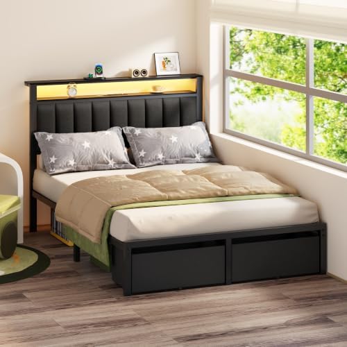 Furnulem Full Size Bed Frame with Storage Drawers and Upholstered Headboard