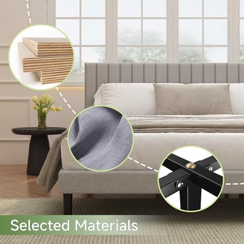 King Linen Bed Frame with Vertical Channel Tufted Headboard Light Grey