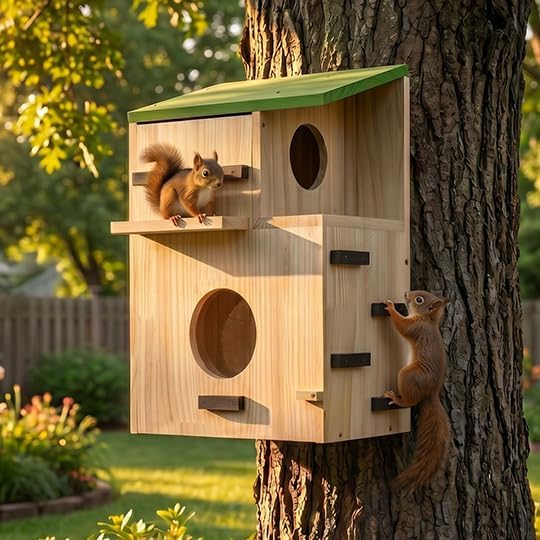 Large Squirrel Houses for Outside, Squirrels Nesting Box with Platform, Solid Wood Squirrel Box, Backyard Squirrel House Squirrels Feeders for Outside