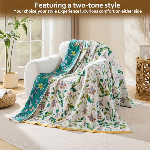 VANJOROY Boho Throw Blanket, 100% Organic Cotton Breathable Skin-Friendly Ultra Soft 50" x 60" Bed Quilt Throw - Floral Rustic Decor Luxury Reversible Blanket for Sofa Couch Chair and Gift,