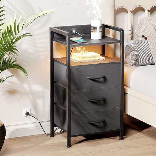Lazzanto Nightstand with Rear Charging Station, LED Light, 3 Drawers, Black