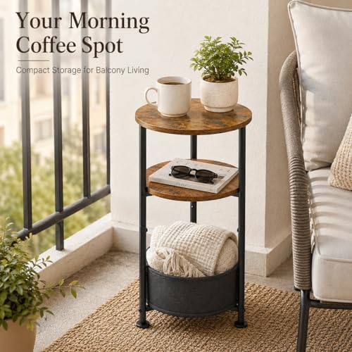 3-Tier Small Round Side Table with Storage Basket, Rustic Brown