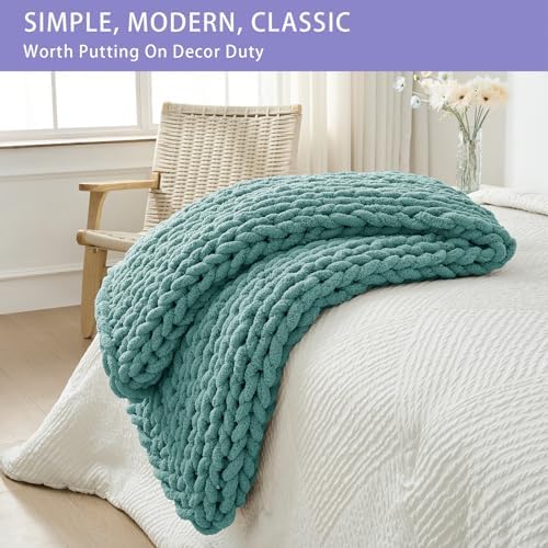 Bigacogo Chunky Knit Throw Blanket for Couch, 40x40 inches, Light Teal