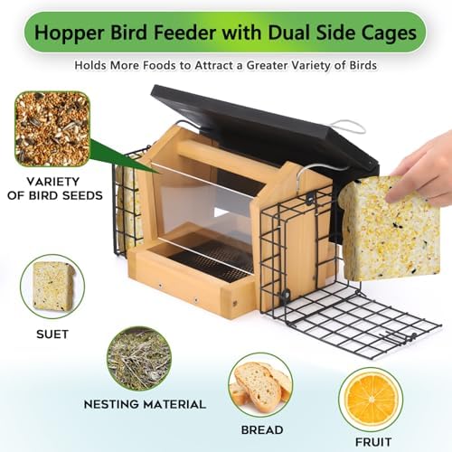 Gbekery Wooden Bird Feeder with Double Suet Metal Cage for Outdoors Hanging