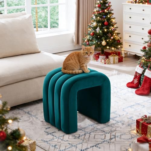 Teal Velvet Ottoman Stool, Backless Vanity Stool, Footrest for Couch