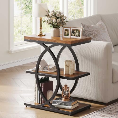Vabches Narrow Side Table with Storage Shelf,3-Tier End Table with Artistic Curved Metal Frame,Industrial Bedside Tables for Small Space,Living Room,Bedroom,Home Decor,Walnut