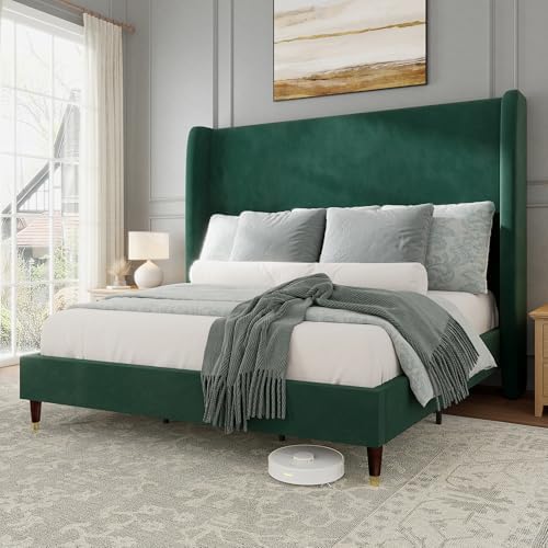Jocisland Full Size Bed Frame Tall Wingback Headboard Upholstered, Green