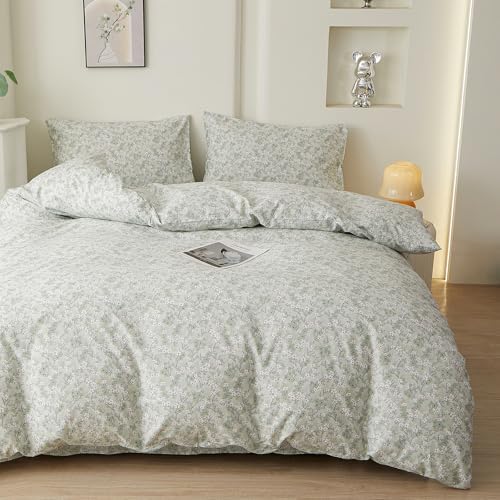 HighBuy Green Floral Duvet Cover Set King 100% Cotton Soft,Boho Chic Cottagecore White Floral Bedding Comforter Cover Set Vintage Decor Design -(1 Duvet Cover with 2 Pillow Shams)