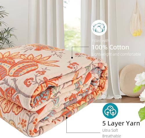 Boho Throw Blanket for Couch Bed, 100% Cotton Soft Rustic Quilt