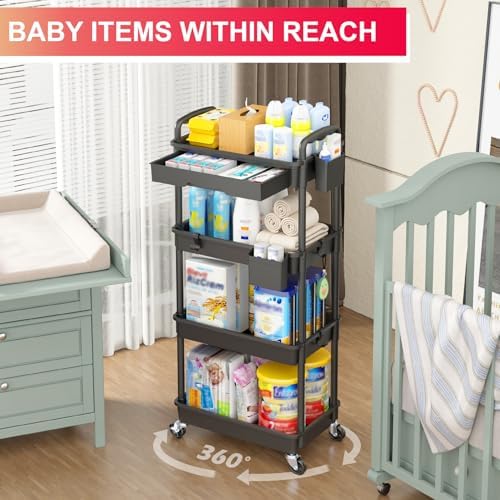 Goovilla 4 Tier Rolling Utility Cart Organizer with Removable Drawer, Black