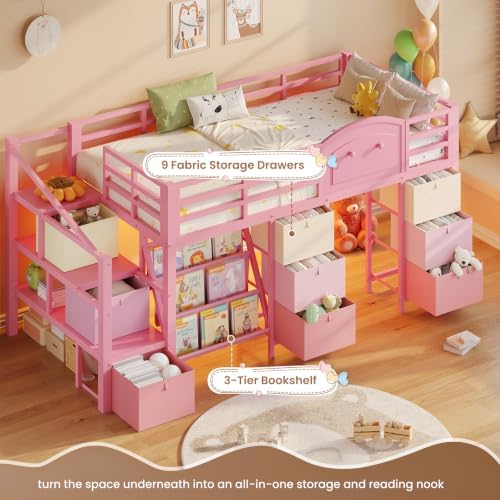 Low Loft Bed Twin Size with 9 Storage Drawers, Bookcase and LED Lights, Metal Kids Loft Bed with Wide Staircase, Open Shelves and Safety Guardrail, Twin Loft Bed with Under-Bed Playhouse, Pink
