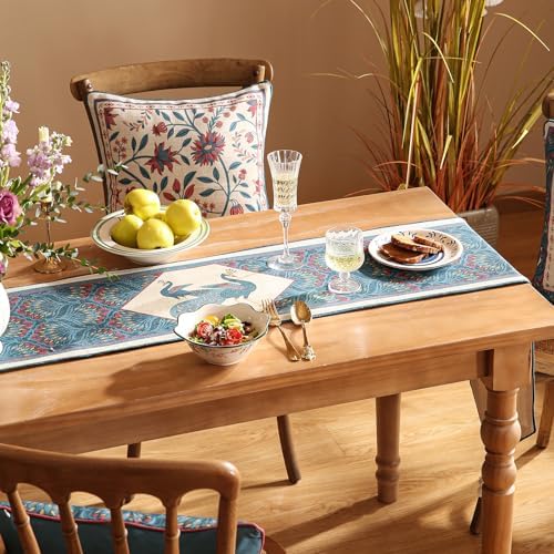 bilingaier Vintage Blue Peacock Small Table Runner for Table,Decorative Linen 102 Inches Long Table Runners,Decor Tabletop for Kitchen,Dining,Tea Party,Home,Christmas,12"x102"