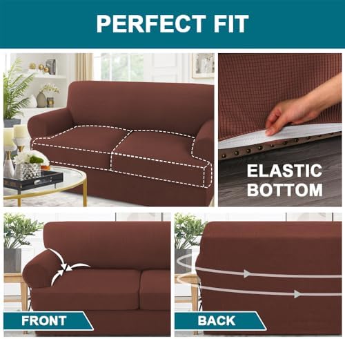 Turquoize 3 Piece T Cushion Loveseat Slipcovers Sofa Cover for 2 Cushion Couch Cover Washable Sofa Slipcover Furniture Covers with 2 Individual T Cushion Seat Covers (2 Cushion Loveseat, Burnt Brick)