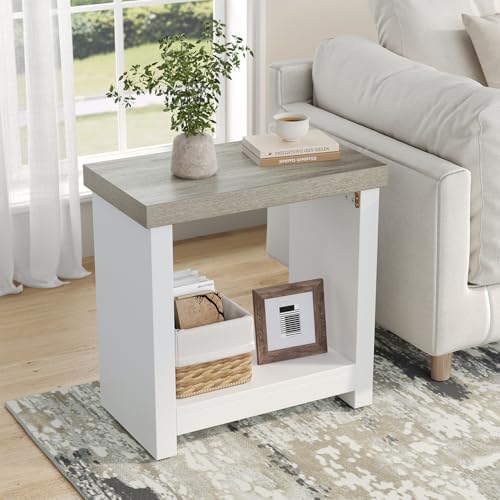 End Tables Set of 2 for Living Room, Narrow Side Tables with Storage Shelves, Square End Table for Bedroom, Slim Nightstand, Skinny Rectangle Accent Table, Farmhouse Bedside Table, White + Gray