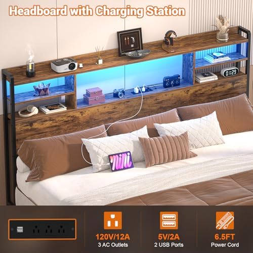 Aheaplus Headboard for King Size Bed with Storage and Outlets, Rustic Brown