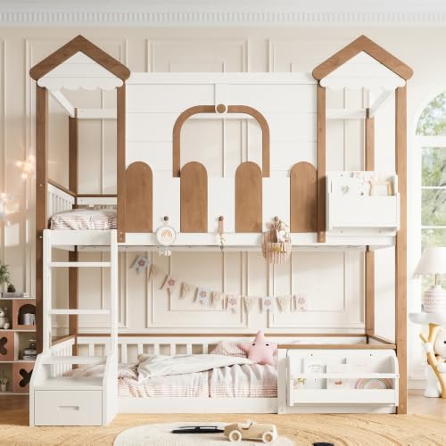 Twin Over Twin House Bunk Bed Frame with Bookshelf and Drawer, Beige