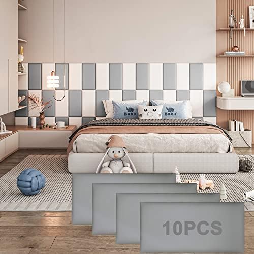 YLL YLL Peel and Stick Headboard Grey Upholstered Wall Panels Pack of 10 Panels 3D Anti-Collision Wall Padding Wall Mounted headboard Soundproof Wall Panels, Gray