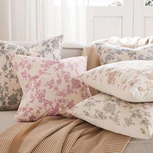 2 Pack French Floral Throw Pillow Covers 18x18in, Green/Cream
